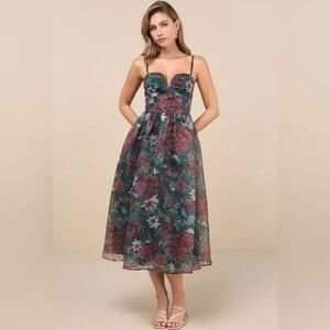 Lulus Cherished Aura Green Floral Organza Bustier Midi Dress XXL NWT
